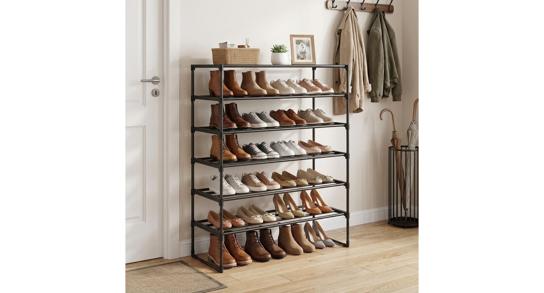 LEDREM 6-Tier PP Plastic, Steel Shoe Storage Shelf, Stackable Shoe Organizer, for Entryway, Black