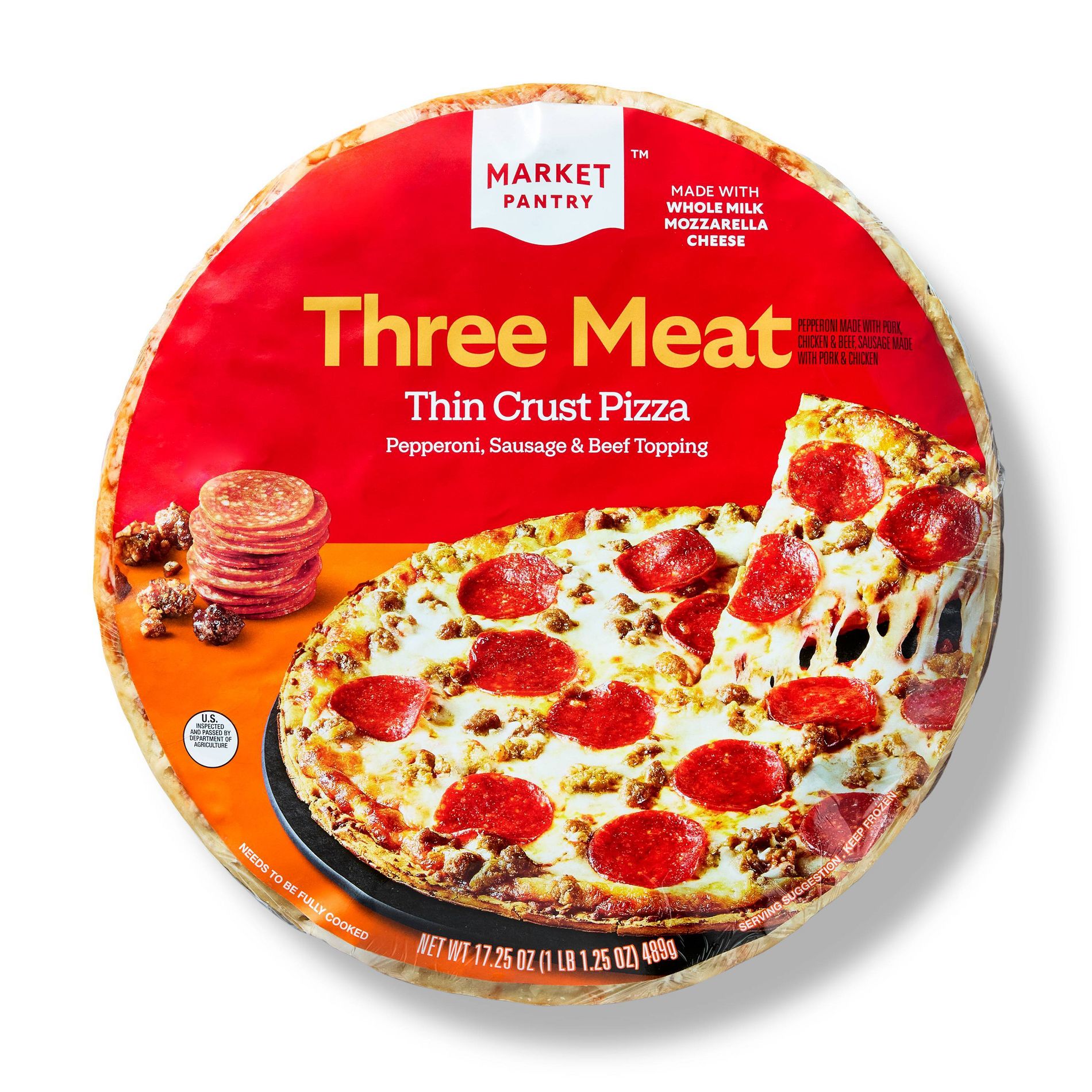 Thin Crust Three Meat Frozen Pizza 17.25oz - Market Pantry™