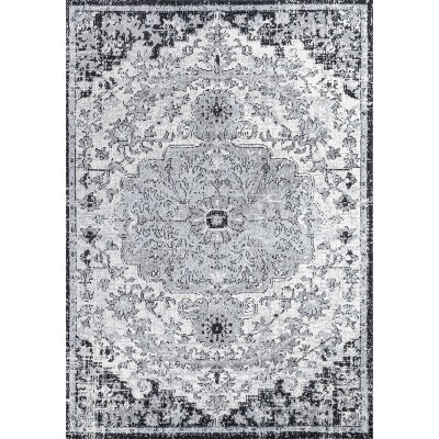 Gray and Black Medallion Synthetic 4' x 6' Area Rug