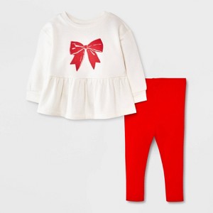 Baby Girls' 2pc Holiday Bow Fleece Sweatshirt and Gingham Leggings Set - Cat & Jack™ Cream - 1 of 4