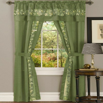 Kate Aurora Complete 5 Pc Window in a Bag Embroidered Floral Country Flax Sheer Curtain & Valance Set