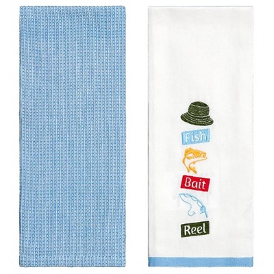 The Lakeside Collection Set of 2 Embroidered Gone Fishing Kitchen Towels