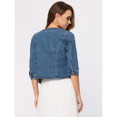 Женские куртки INSPIRE CHIC Women's Collarless Pockets 3/4 Sleeve Crop Denim Jackets Medium Blue — фото 3