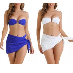 INSPIRE CHIC Women's O Ring Bandeau Ribbed Triangle Bottoms with Cover Up Bottoms Swimwear Bathing Bikini Suits 2 Sets - 1 of 4