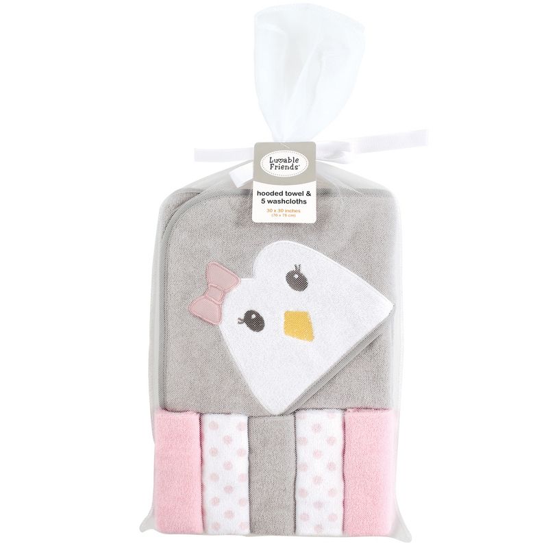 Luvable Friends Baby Girl Hooded Towel with Five Washcloths, Penguin, One Size, 3 of 4