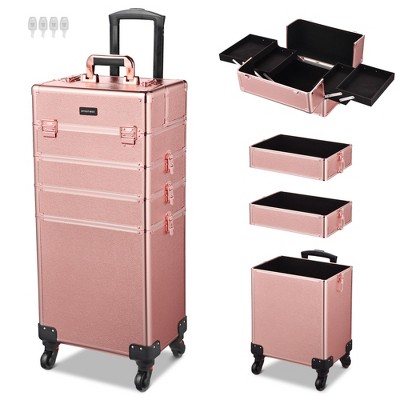 Byootique Pro 4in1 Rolling Makeup Train Case Makeup Artist Organizer Rose Gold