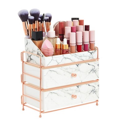 Glamlily White Marble Makeup Organizer with Rose Gold Trim, Cosmetic Storage Drawers for Vanity (9.5 x 9.5 x 5.5 in)