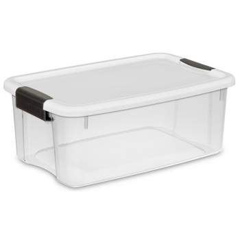 Sterilite 18 Qt Ultra Latch Box, Stackable Storage Bin with Lid, Plastic Container with Heavy Duty Latches to Organize, Clear and White Lid, 24-Pack