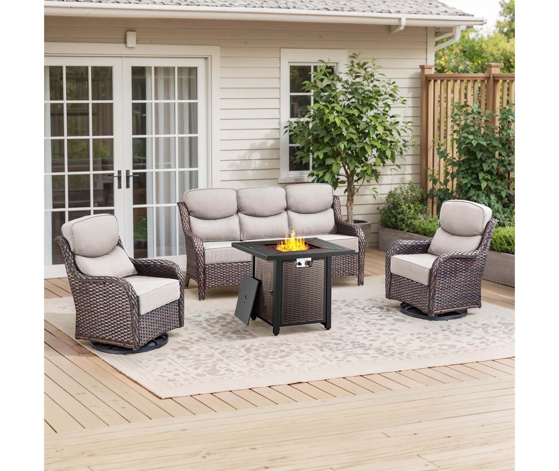 Gymojoy 4/5PCS Outdoor Fire Pit Table with Sofa Swivel Chair 6-inch Thick Cushion Furniture Set