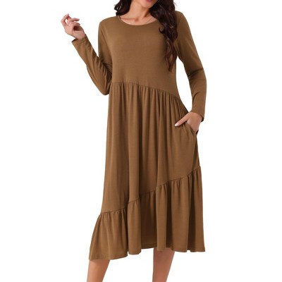 Seta T Women's Fall Long Sleeve Crewneck Pleated Tiered Swing Midi Dress with Pockets