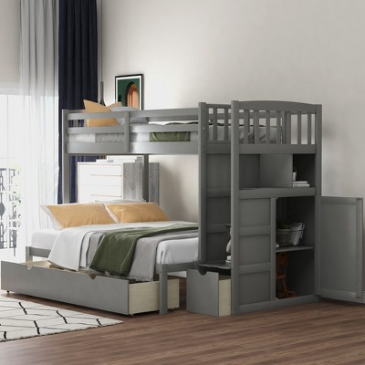 NicBex Twin over Full Bunk Bed Convertible Design Pine Frame Bed Frame with Storage stairs, Shelves, Drawers and Guardrails