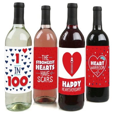 Big Dot of Happiness Happy Heartiversary - CHD Awareness Decorations for Women and Men - Wine Bottle Label Stickers - Set of 4