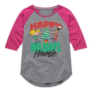 Girls' - Hey Arnold! - Holiday Homies Shirt Tail Raglan Graphic T-shirt - 1 of 4