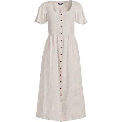 Lands' End Women's Petite Linen Sweetheart Button Front Midi Dress -  X-Large - Flax Dotted Stripe