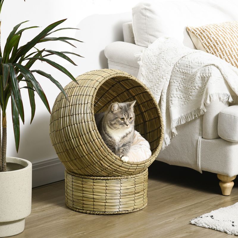 PawHut Cat Basket Bed with Cat Egg Chair Shape, Woven Elevated Cat Bed Kitty House, Raised Wicker Cat Bed for Indoor Cats, 20" Dia. x 23.5" H, Yellow, 3 of 8