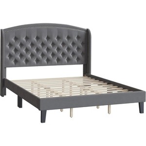 King Size Wingback Headboard Bed Frame,Low Profile Upholstered Platform Bed, Sturdy Wooden Slat Support, No Box Spring Needed for Apartment Bedrooms - 1 of 4