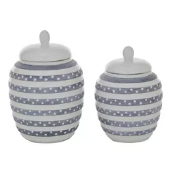 Set of 2 Round Striped Ceramic Jar with Lid White/Gray - Olivia & May