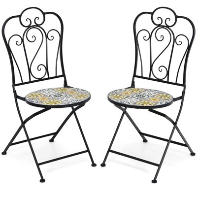Tangkula 2PCS Outdoor Mosaic Folding Bistro Chairs Patio Chairs with Ceramic Tiles Seat and Exquisite Floral Pattern