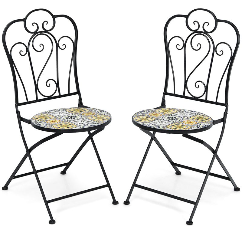Tangkula 2PCS Outdoor Mosaic Folding Bistro Chairs Patio Chairs with Ceramic Tiles Seat and Exquisite Floral Pattern Yellow Seat, 1 of 8