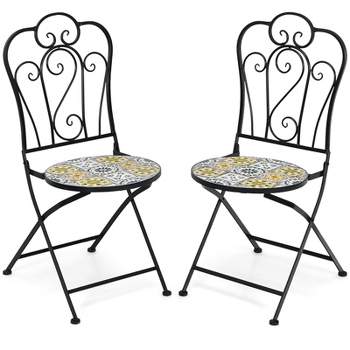 Tangkula 2PCS Outdoor Mosaic Folding Bistro Chairs Patio Chairs with Ceramic Tiles Seat and Exquisite Floral Pattern Yellow Seat