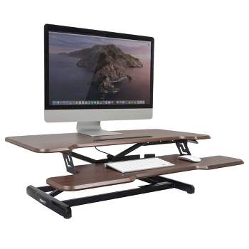 Mount-It! Height Adjustable Stand Up Desk Converter | 38 Wide Tabletop Standing Riser with Gas Spring & Keyboard Tray Fits Two Monitors | Dark Walnut