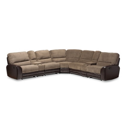 Richmond Modern And Contemporary Fabric And Faux Leather Two Tone Sectional Sofa Taupe Brown Baxton Studio