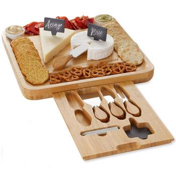 Casafield Bamboo Cheese Cutting Board with Stainless Steel Knives, Ceramic Bowls and Slate Cheese Markers