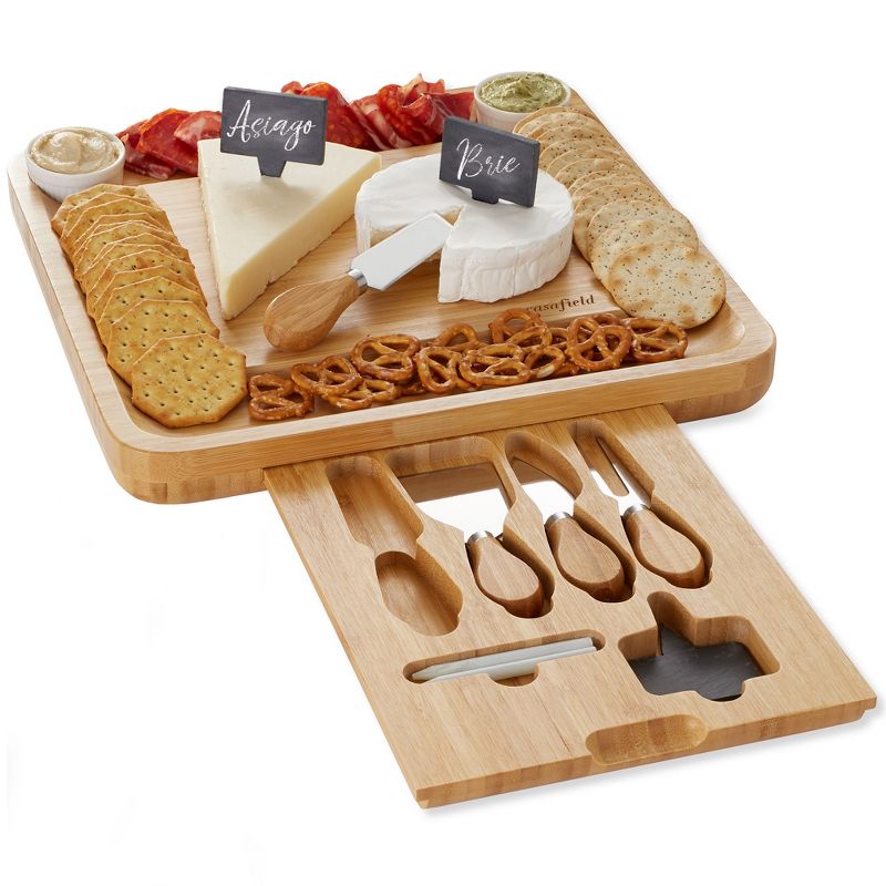 Casafield Bamboo Cheese Cutting Board with Stainless Steel Knives, Ceramic Bowls and Slate Cheese Markers, 1 of 8