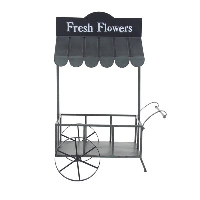 Small Metal Rectangular Rolling Garden Cart Plant Stand with Canopy and Fresh Flowers Black - Olivia & May