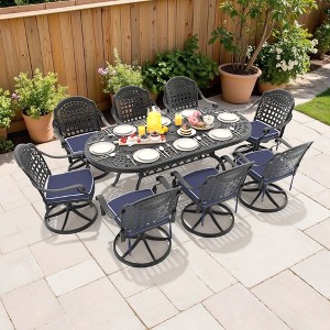 9-Piece Oval Cast Aluminum Outdoor Patio Dining Set with Swivel Chairs & Blue Cushions & Umbrella Hole - 1 of 4