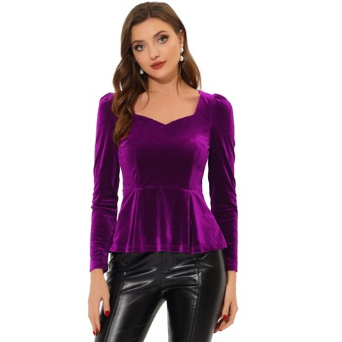 INSPIRE CHIC Women s Elegant Sweetheart Neck Long Sleeve Velvet Peplum Top Purple Large