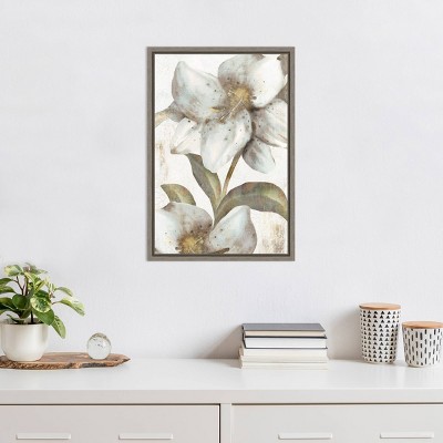 White Lilies Floral Canvas Print with Gray Frame