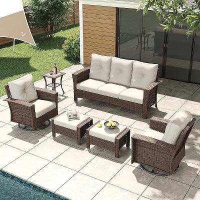 LayinSun Wicker Patio Furniture Set with Fire Pit Table, Classis Outdoor Conversation 360 Degree Swivel Chairs Set with Coffee Table