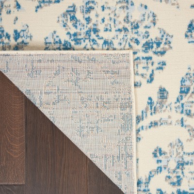 Ivory and Blue Damask Rectangular 6' x 9' Area Rug