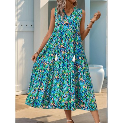 Womens Loose Fit Maxi Dress Casual Summer V Neck Sleeveless Bohemian Floral Print Long Beach Sundresses
