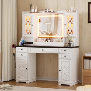PAKASEPT Farmhouse Vanity Desk with Mirror and Lights, 59‘’ H Makeup Vanity with 3 Lighting Modes& Charging Station, 5 Drawers, 4 Cabinets - 1 of 4