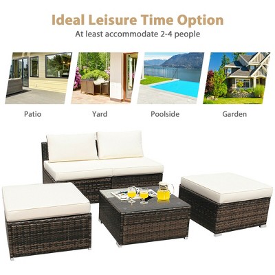 5-Piece White Cushioned Rattan Outdoor Conversation Set