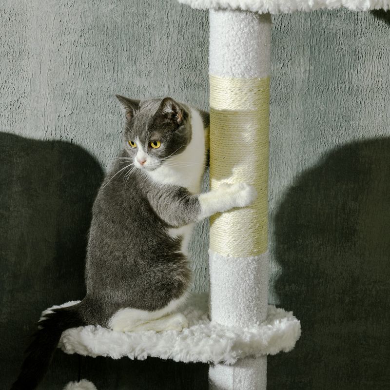 PawHut Floor to Ceiling Cat Tree with Scratching Posts, 88.5" - 100.5" Adjustable Height, Cat Climbing Tower with Cloud Shape Platforms, Balls, White, 5 of 7