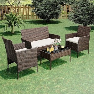 Acekool 4-Piece Outdoor Patio Furniture Set – Wicker Rattan Conversation Set with 2 Chairs, Loveseat & Glass Coffee Table - 1 of 4
