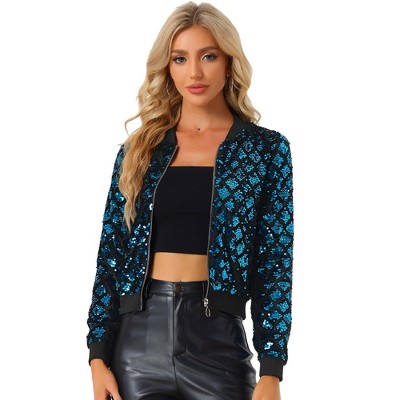 INSPIRE CHIC Women's Sequin Long Sleeve Zipper Up Glitter Bomber Jacket