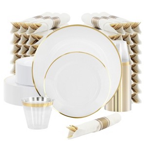 Elama 350 Piece Disposable Plastic Dinnerware Party Set for 50 Guests in White with Gold Trim - 1 of 4