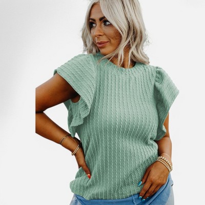 Amaryllis Women's Textured Knit Blouse Flutter Sleeve Relaxed Fit Crew Neck Chic Versatile Casual Everyday Top