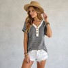 Knit & Lounge Women’s Striped Knit Top V Neck Button Front Short Sleeve Contrast Trim Casual Everyday Pullover - 3 of 4