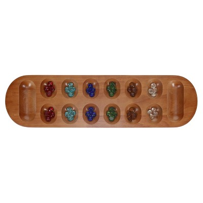 Solid Wood Mancala Board Game with Walnut Stain and Glass Pieces