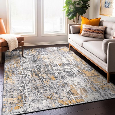 Yellow and Gray Abstract 5' x 7' Stain-Resistant Synthetic Area Rug