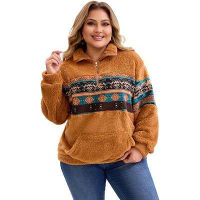 Agnes Orinda Women's Plus Size 1/4 Zip Fleece Long Sleeve Fuzzy Casual Western Aztec Print Pullover Sweatshirt with Pockets