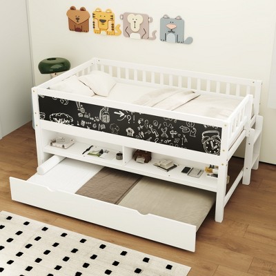 DOMETOUR Twin Size Wood Low Loft Bed with Storage Shelves, Blackboard and Trundle, White