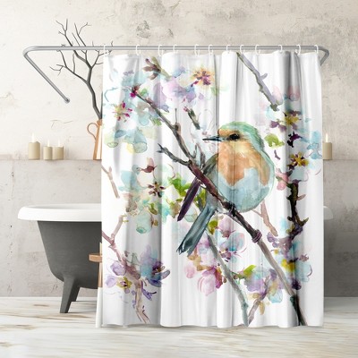 Americanflat 71" x 74" Shower Curtain, Robin And Apricot Tree Blossom 1 by Suren Nersisyan