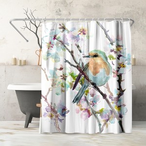 Americanflat 71" x 74" Shower Curtain, Robin And Apricot Tree Blossom 1 by Suren Nersisyan - 1 of 4