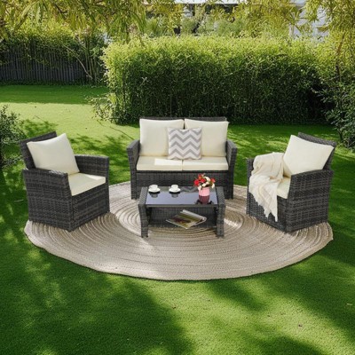 4-Piece Outdoor Patio Rattan Conversation Sofa Set with Tempered Glass Coffee Table